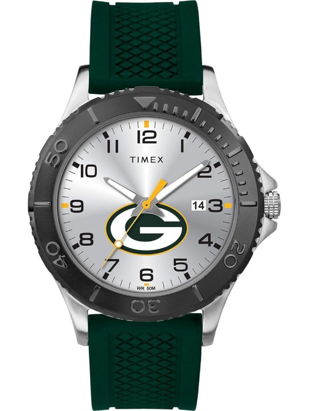 Men's Silver Green Rubber Band Analog NFL Gamer Bay Packers Luminant Round Watch
